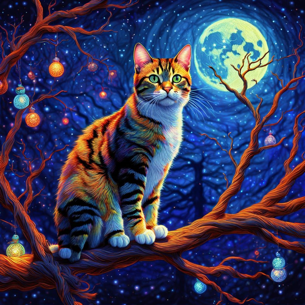 Surreal Cat on Branch Surrounded by Vibrant Embroidery