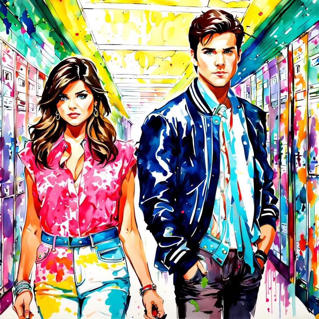 Tiffani and Mark-Paul in 80s Watercolor Style