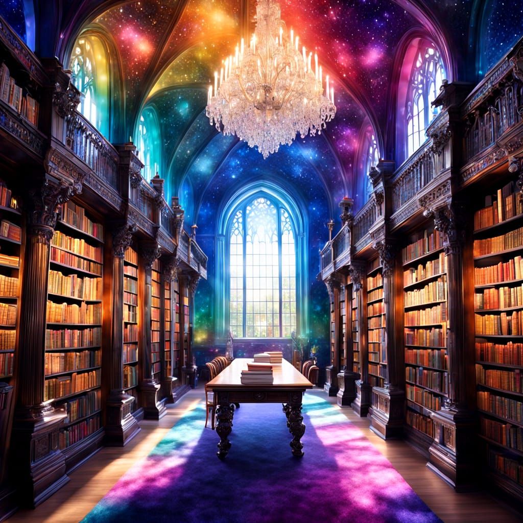 Magical Crystal Library with Rainbow Books