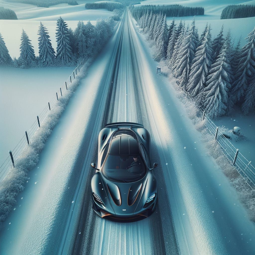 Luxury Sports Car Speeds Through Snowy Landscape, Drone View