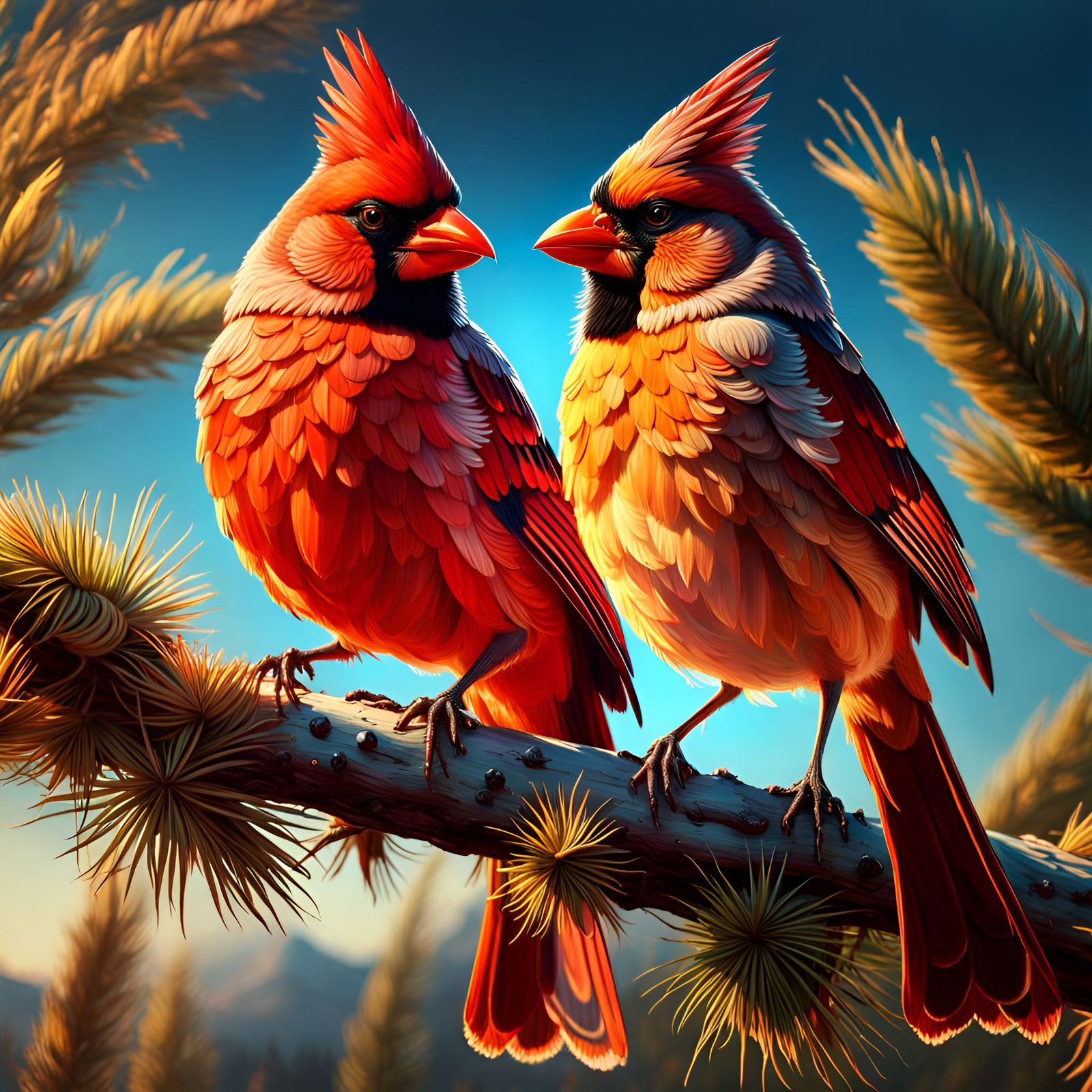 Cardinals at Golden Hour: Hyperrealistic Oil Painting