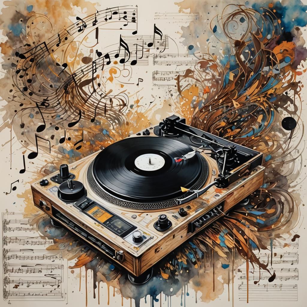 Record Player in Ink and Watercolor Style