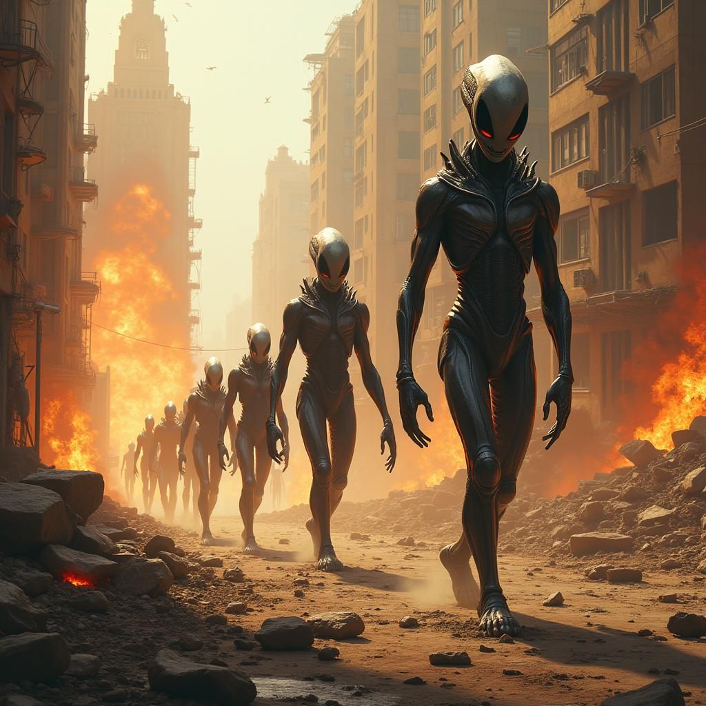 Alien Invasion: War-Torn Cityscape in Matte Painting Style