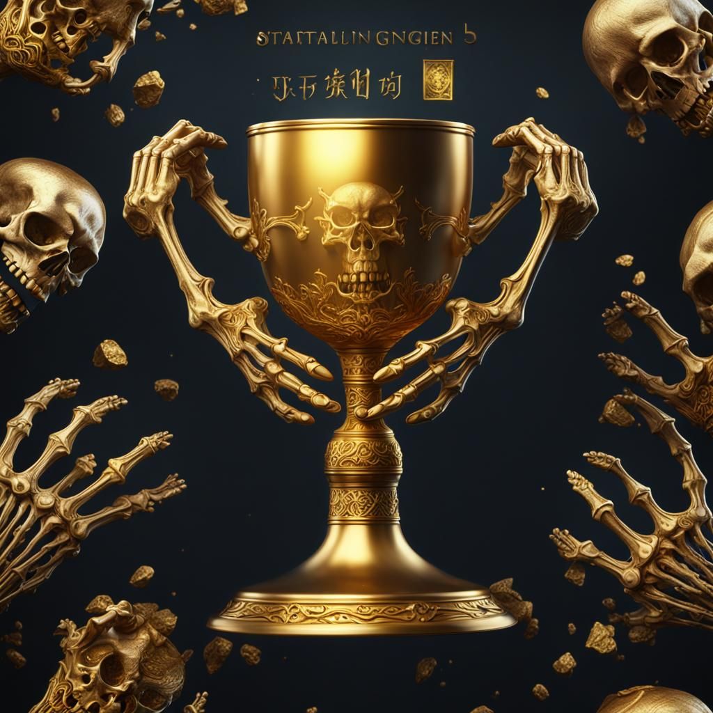 Skeleton Hand Gripping Golden Chalice, Detailed Digital Art