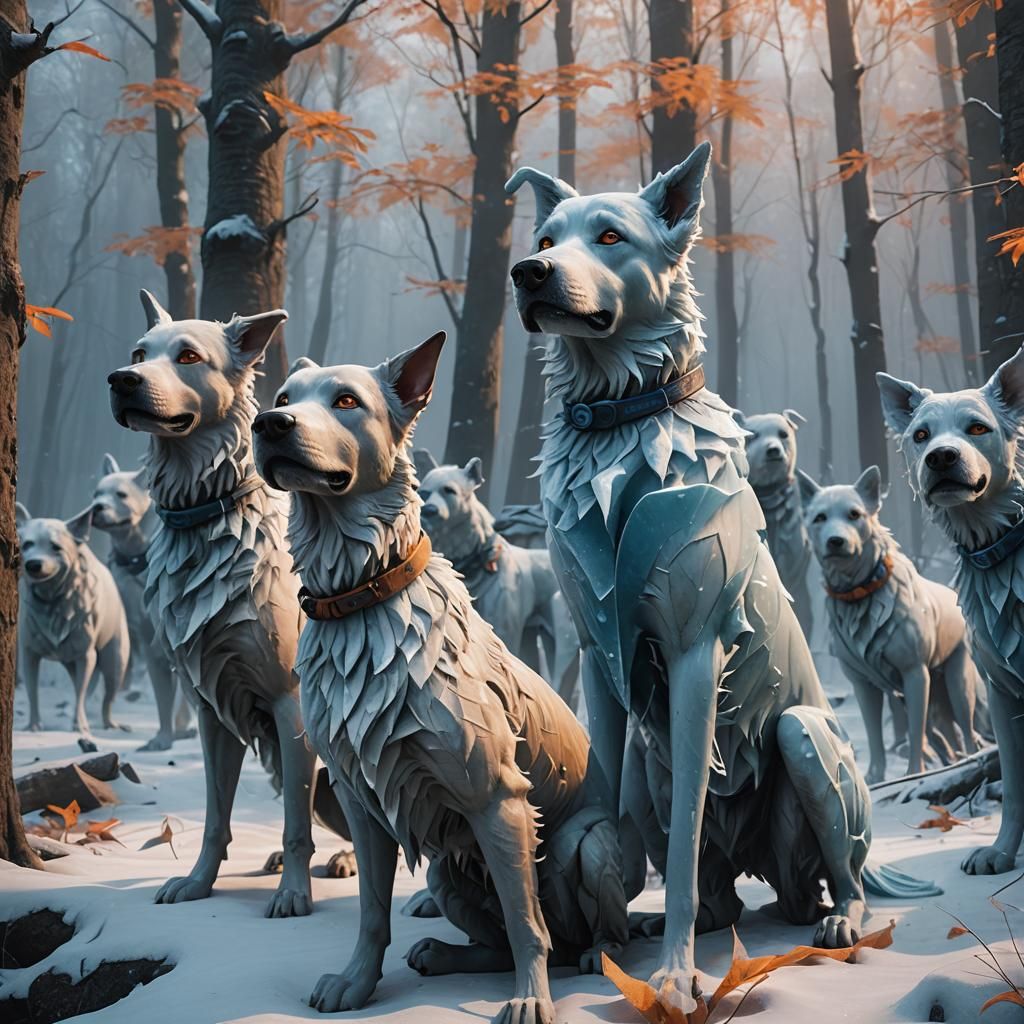 Frozen Dog Statues in Mystical Forest, Matte Painting