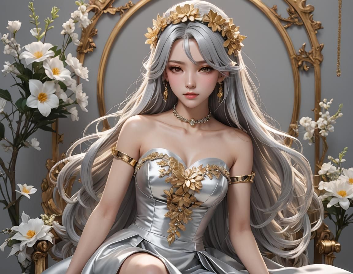 Silver Dress Anime Girl: Detailed 3D Art