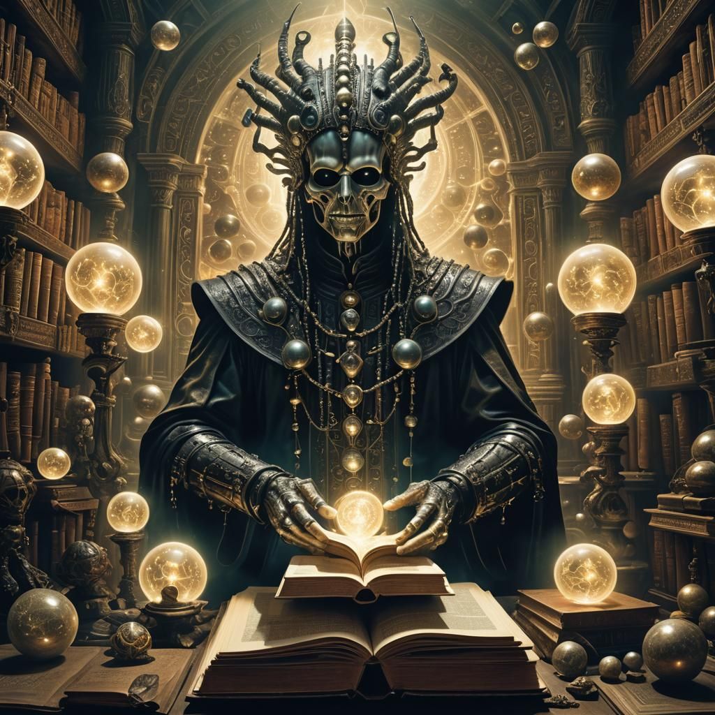 Regal Figure Surrounded by Mystical Orbs