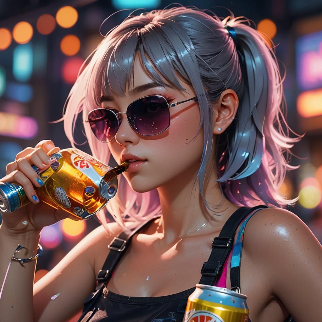 Anime Girl with Beer: 3D Portrait in Vibrant Colors