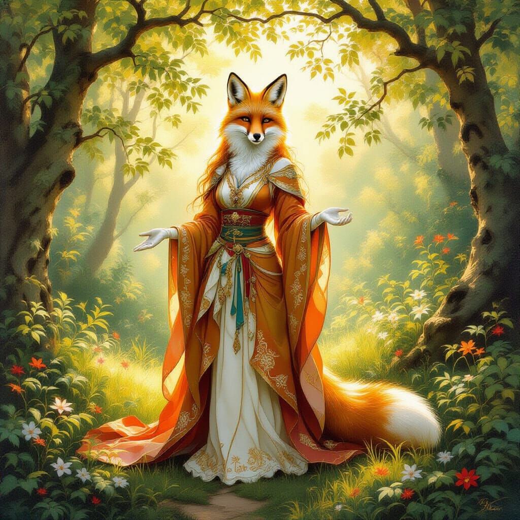 Fox Goddess in Forest, Oil Painting Style