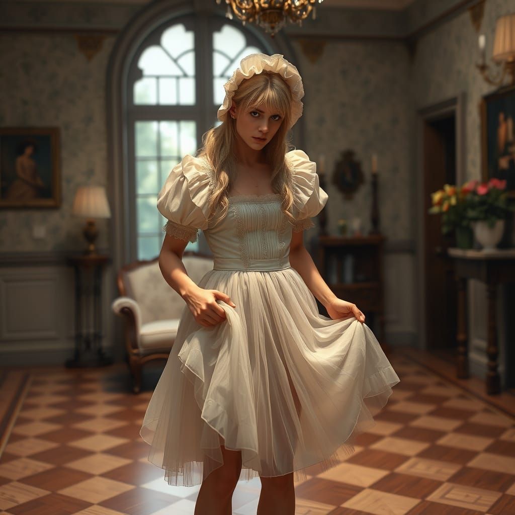 Worried Young Man in Tulle Dress and Bonnet