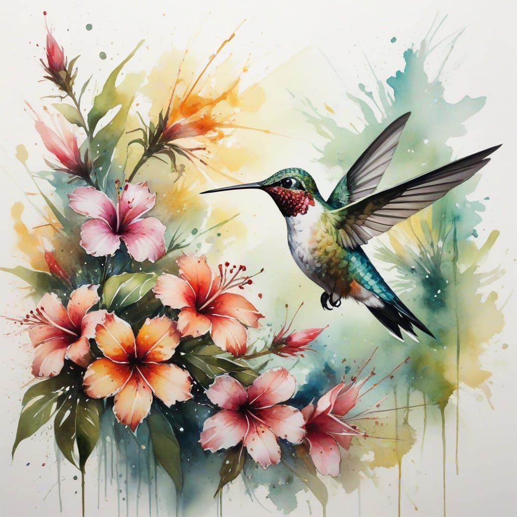 Delicate Hummingbird Amidst Tropical Blossoms in Radiant Mor...