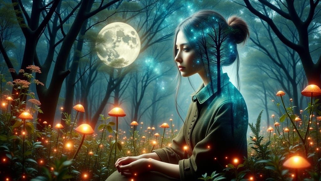 Moonlit Botanist in a Dreamlike Garden Scene
