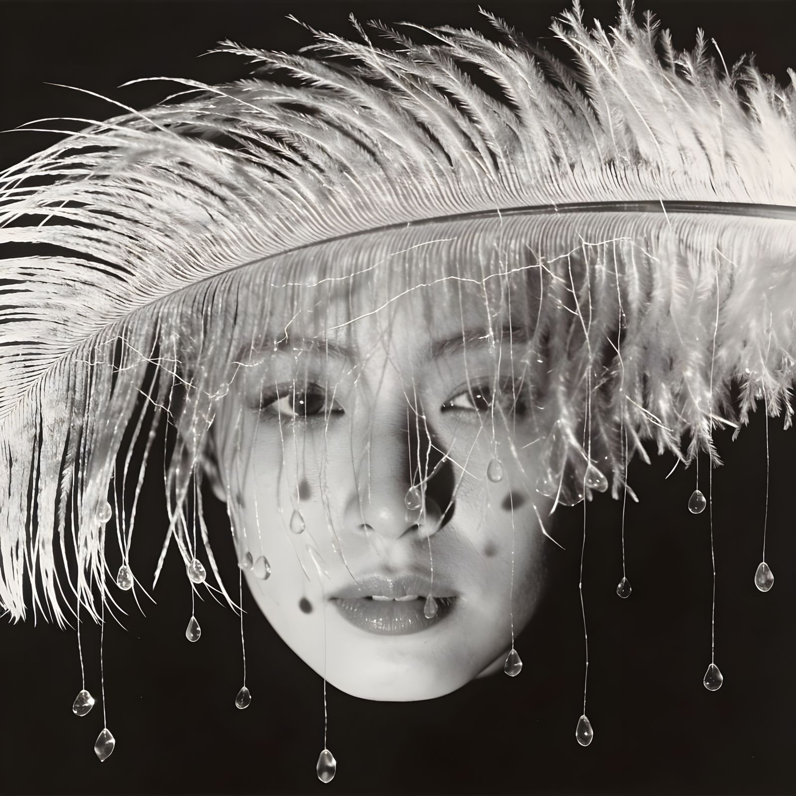 Woman's Face Emerges from Feather in Double Exposure