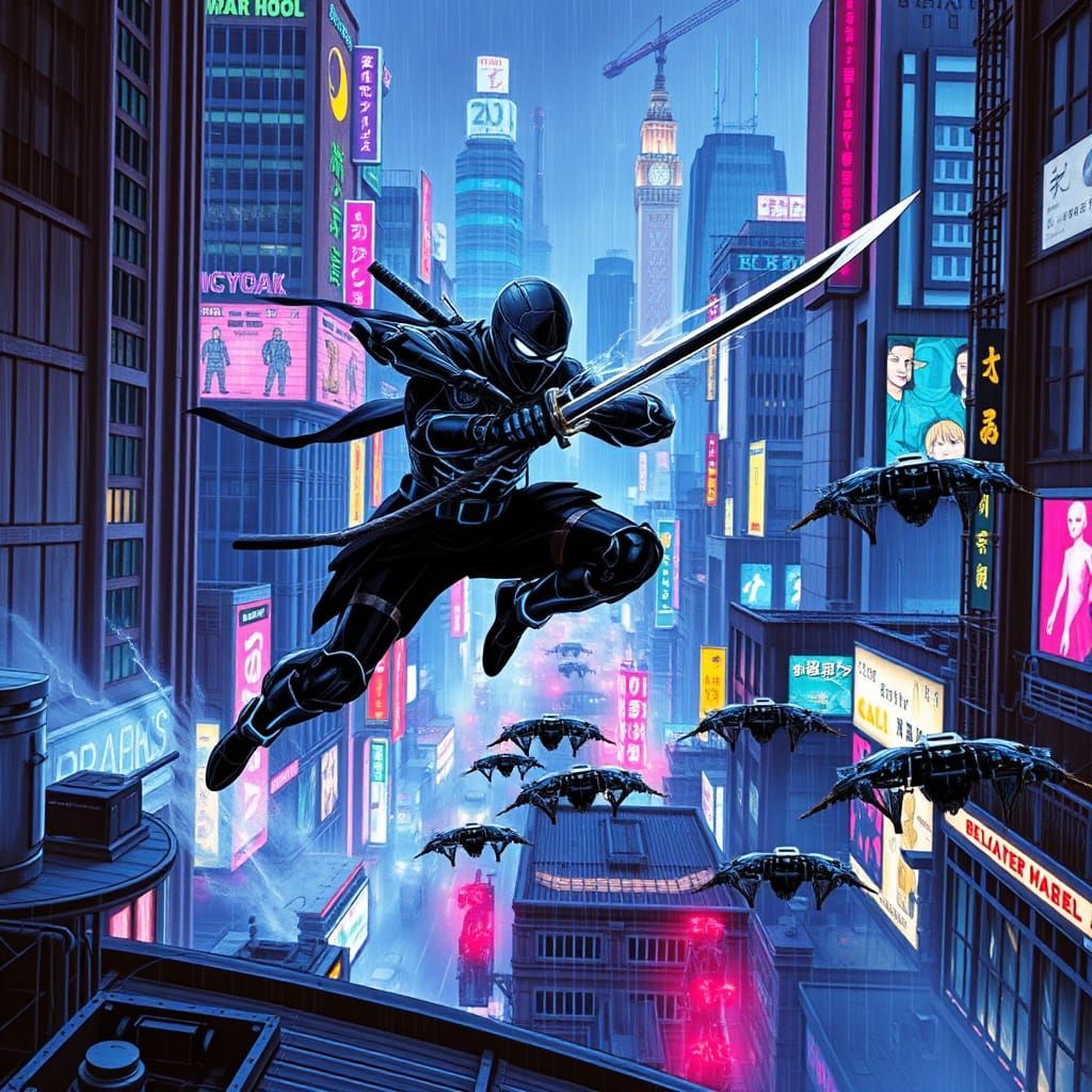 Cyberpunk Cyborg Ninja Leaps Across Neon-Lit Cityscape in Fu...
