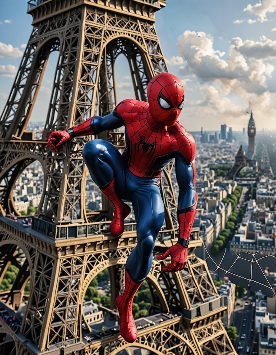 Spiderman figure xlimbing Eiffel tower