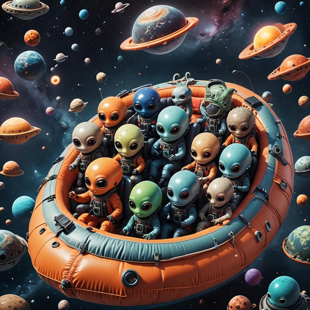 Hyperrealistic Image of Cute Aliens Drifting in Space