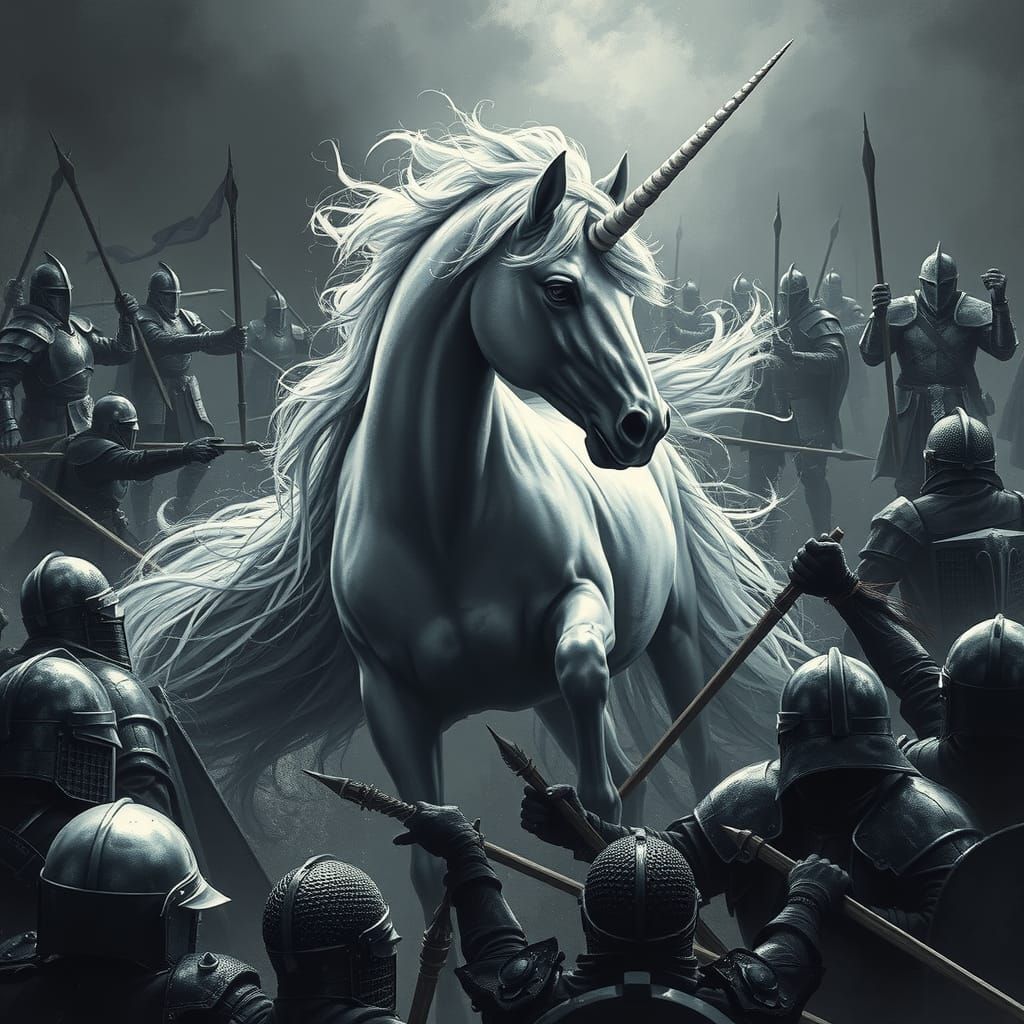 Unicorn Confronts Warriors: Charcoal Rendering in Dark Fanta...