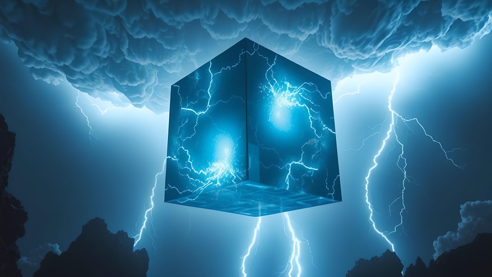 Lightning Storm in Glass Cube: Hyper-Detailed Liminal Space