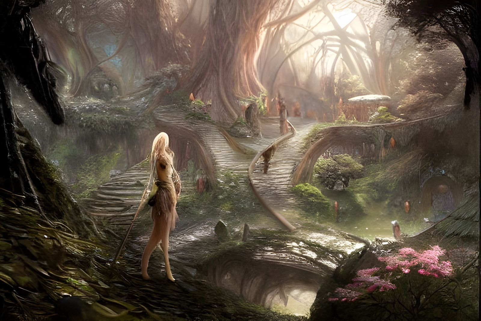 Female Elves in Lothlórien: Digital Art Landscape