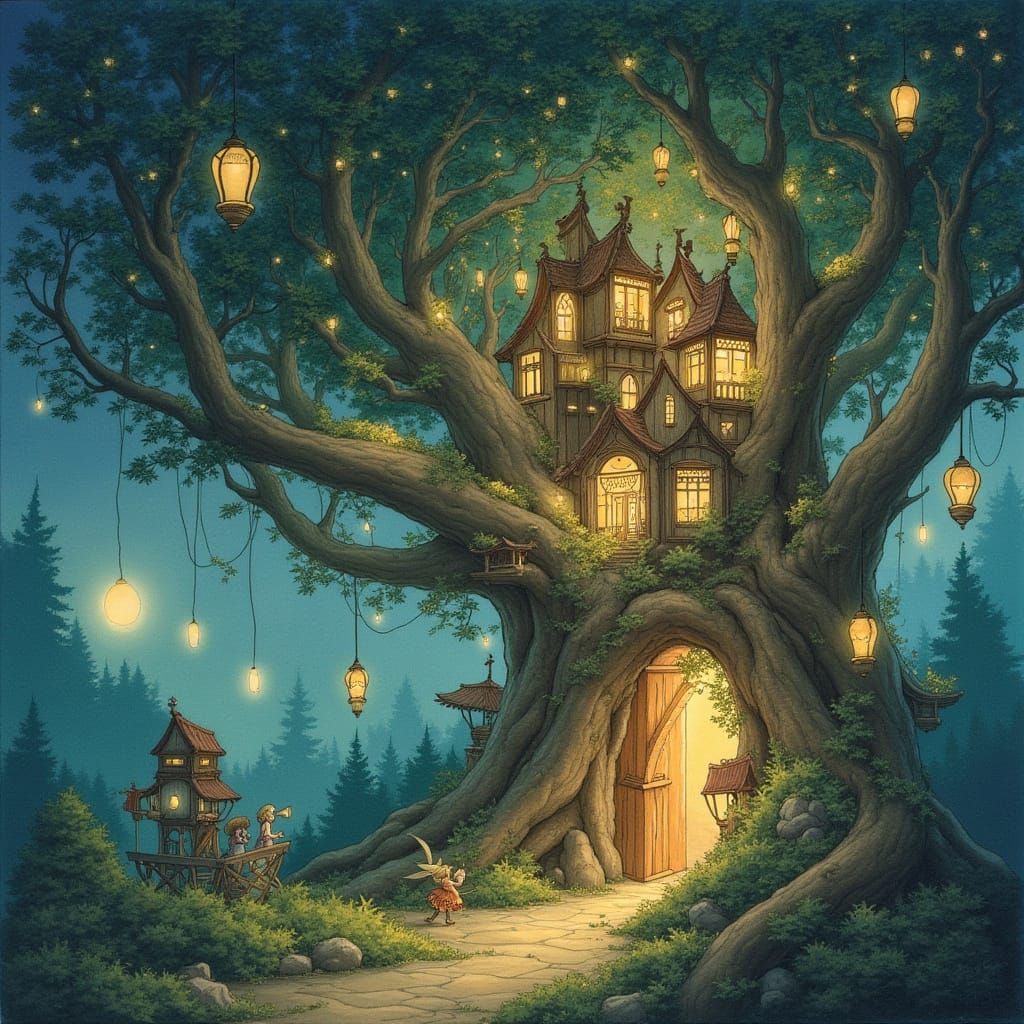 Luminous City in Giant Trees as Watercolor Art