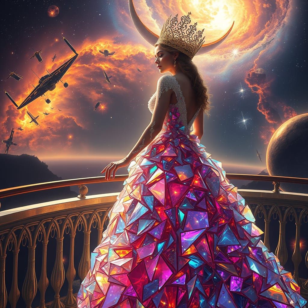 Celestial Queen in Glass Gown Watches Exploding Ship