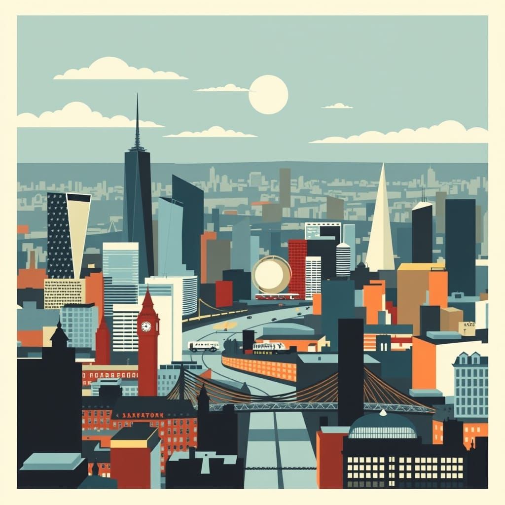 London Skyline in Mid-Century Geometric Style