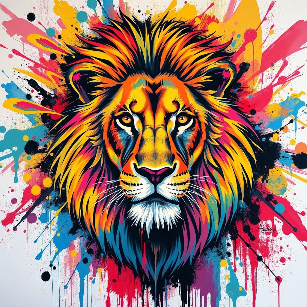 Vibrant Lion Emerges from Splashes in a Dynamic Street Art P...