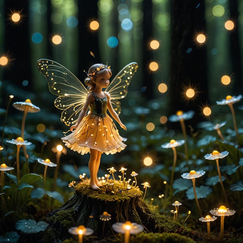 Miniature Fairy in Forest with Fireflies, Bokeh