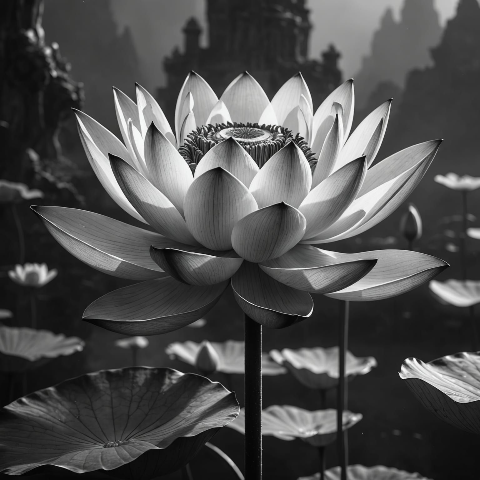 Detailed Black and White Lotus Flower Art