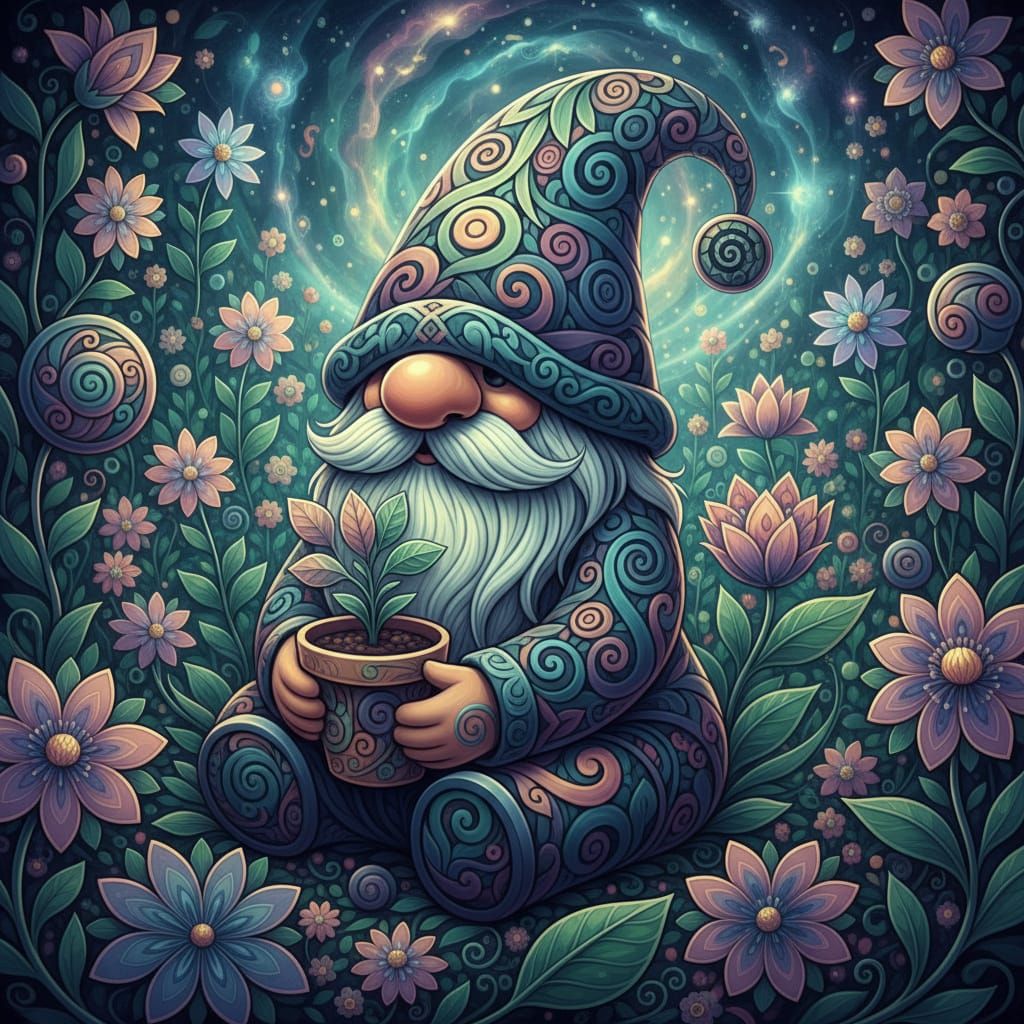 Cute Garden Gnome with Potted Plant in Flower Garden