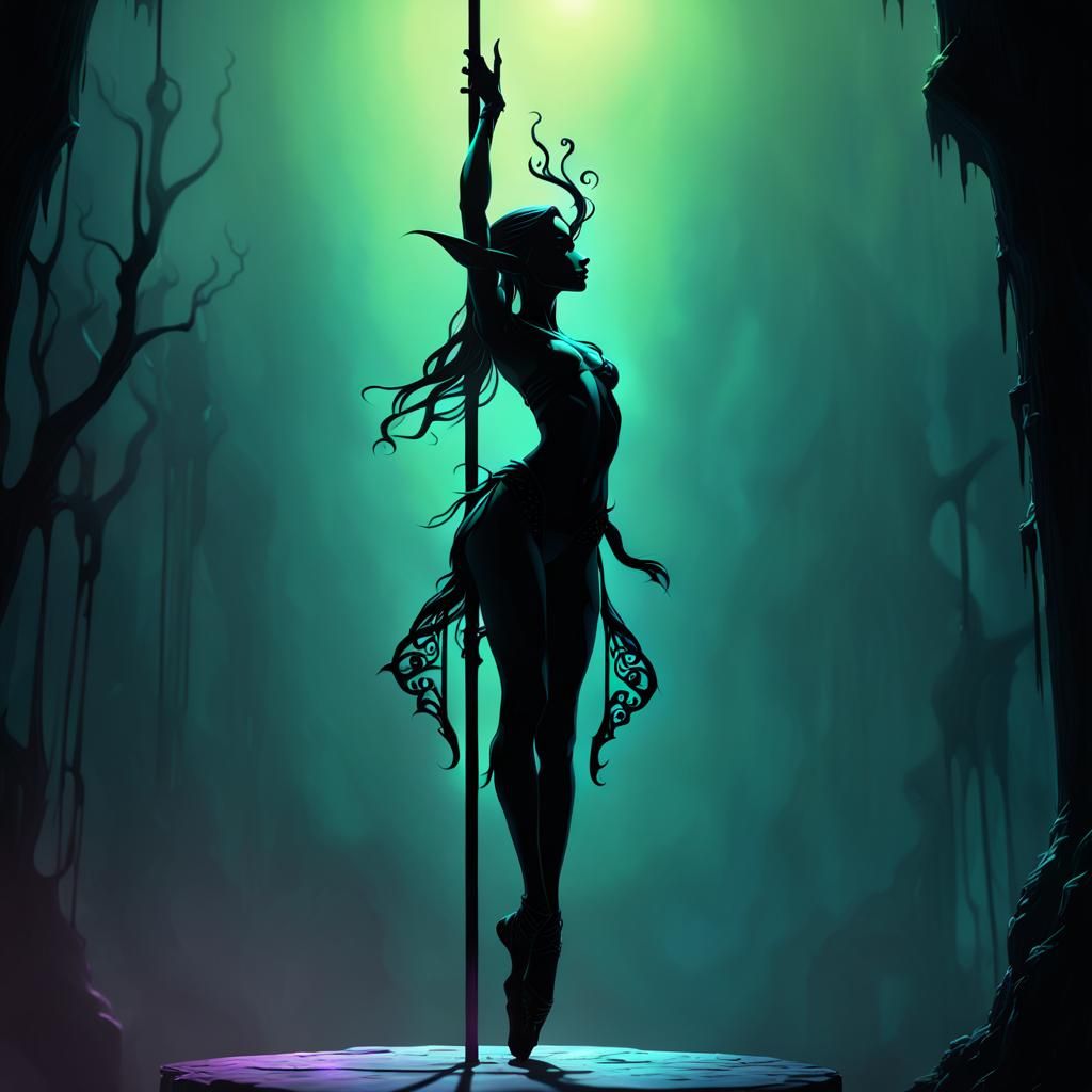 Elven Pole Dancer Silhouette in Acid Art Style