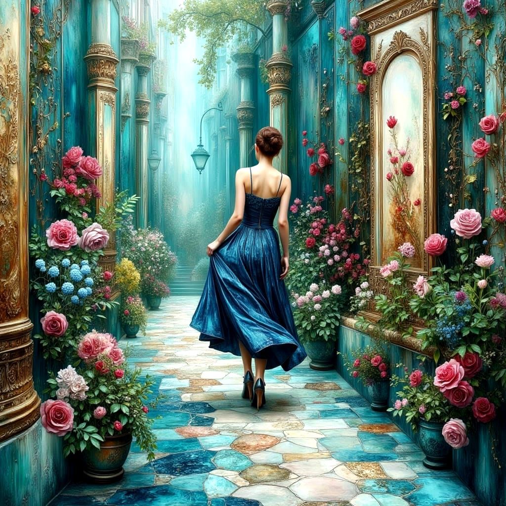 Young Woman in Floral Hallways as Impasto Painting