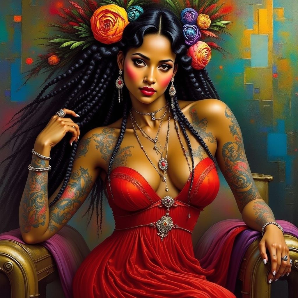 Sensual Latina Goddess in Red Nightgown with Intricate Tatto...
