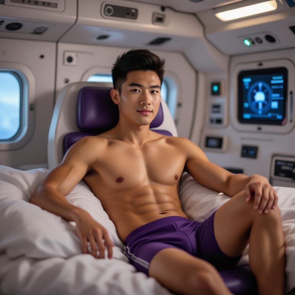 Relaxing Spaceship Captain in Purple Shorts