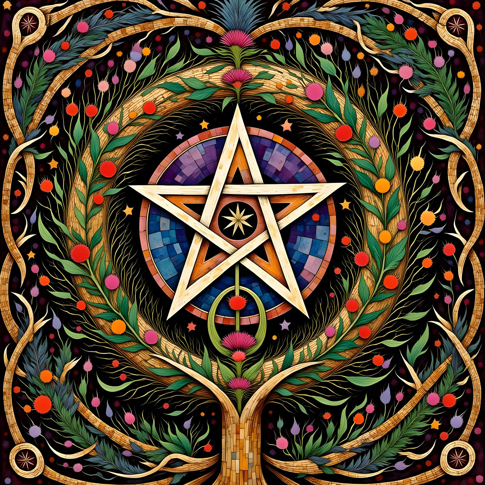 Sacred Birch Pentagram in Vibrant Floral Wreath