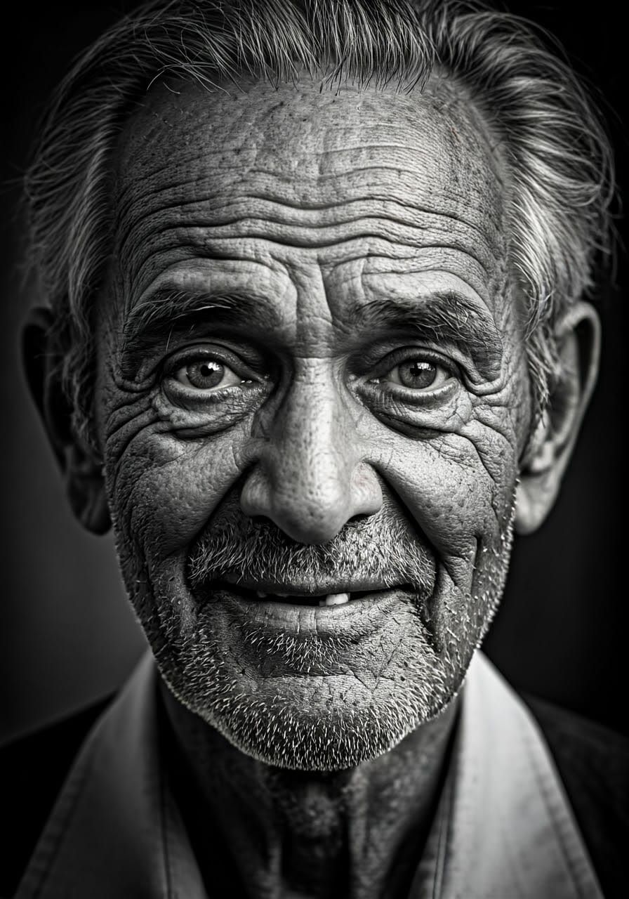 Weathered Gentleman Smiles with Tired Eyes in Black and Whit...