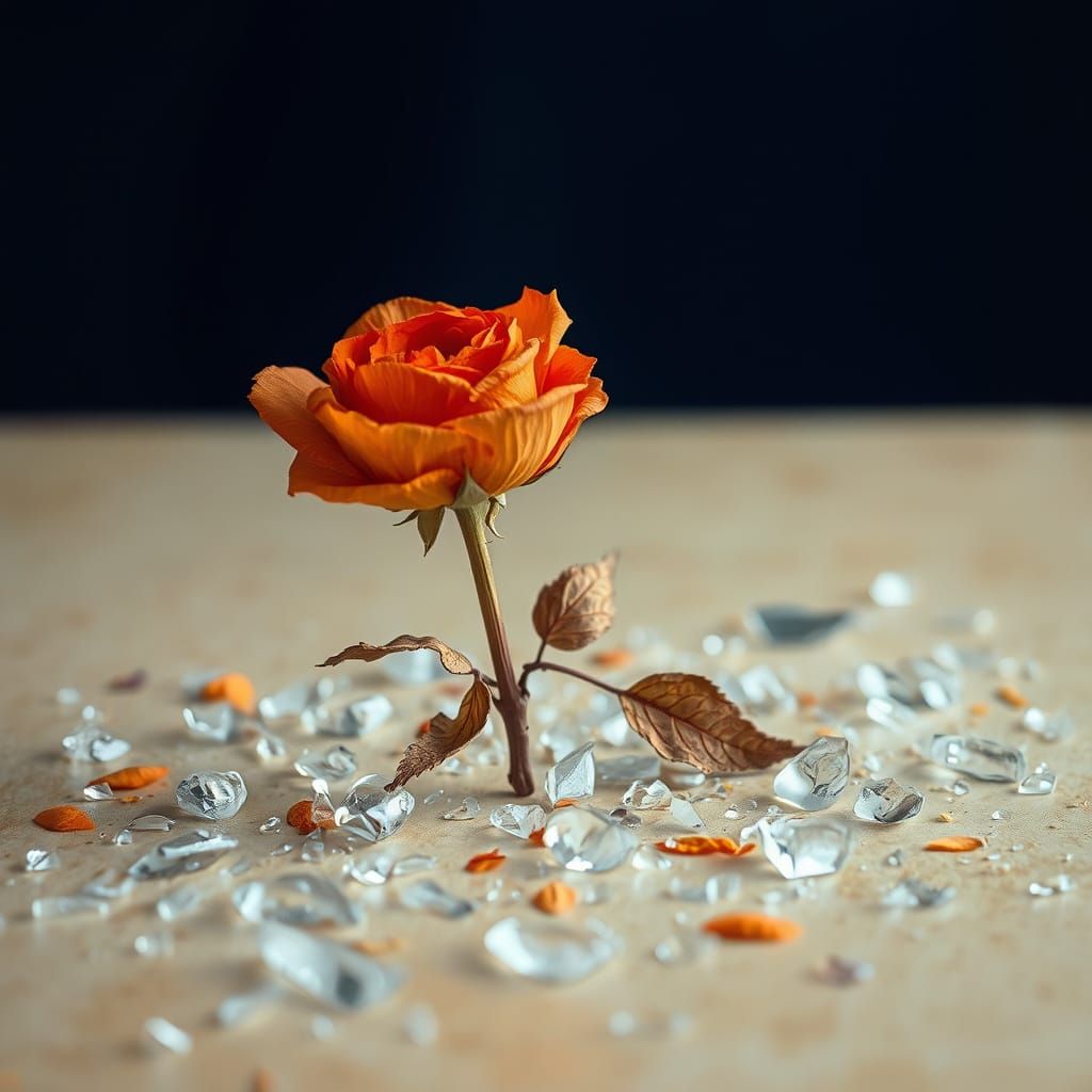 Dried Orange Rose Amidst Shattered Glass: Cinematic Still Li...