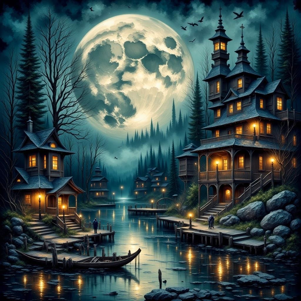 Eldritch Full Moon Oil Painting in Impasto Style