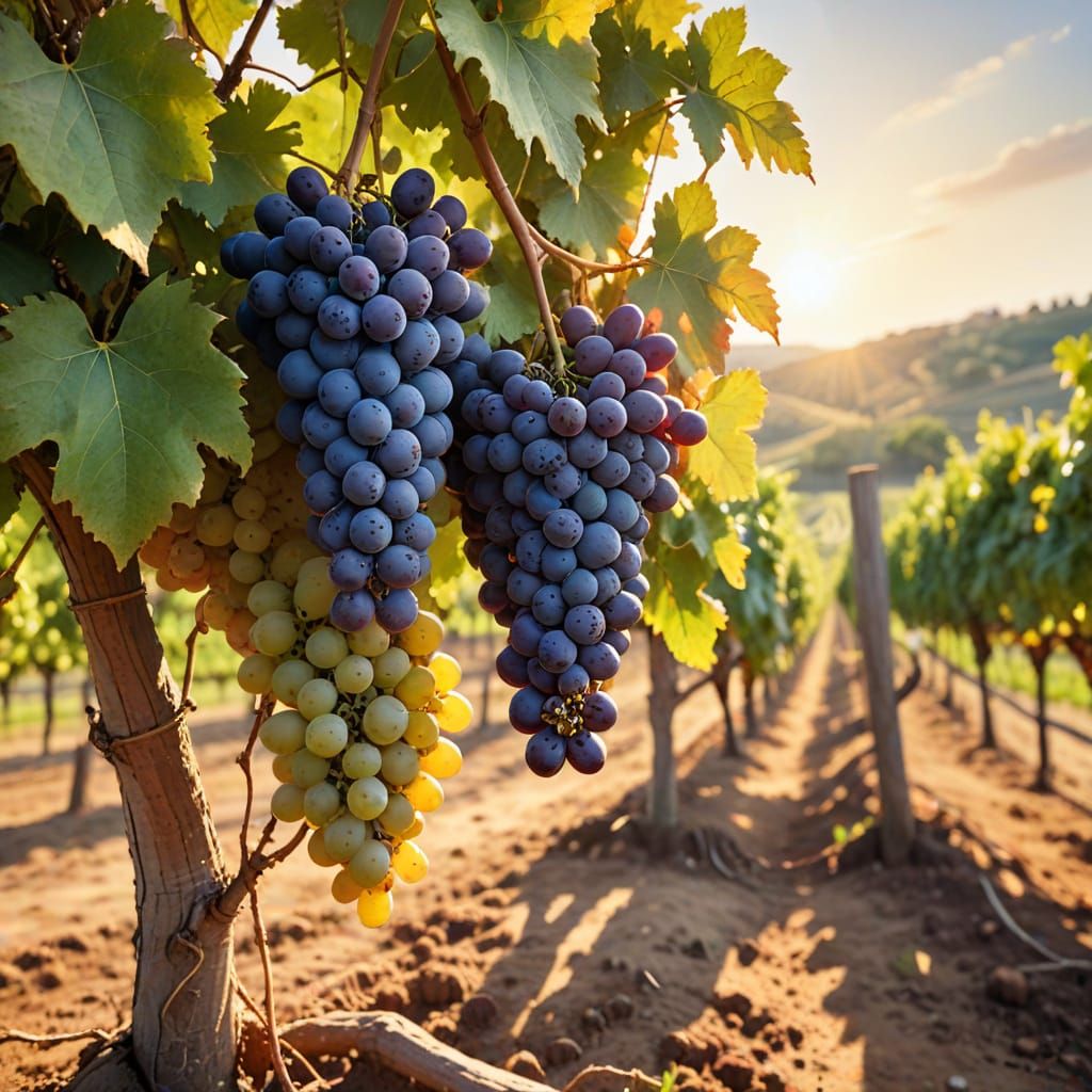 Watercolor Vineyard Scene with Golden Hour Lighting