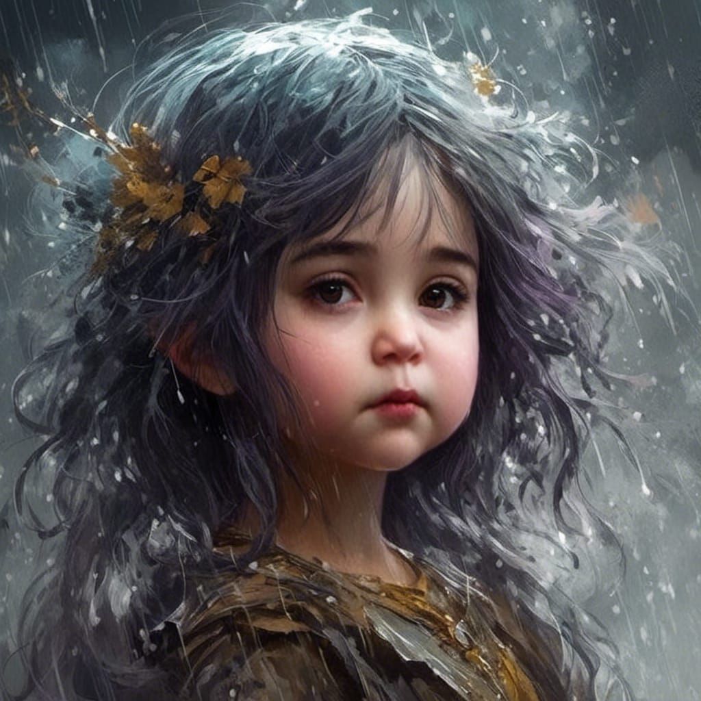 Chibi Character in Stormy Sky with Prismatic Eyes