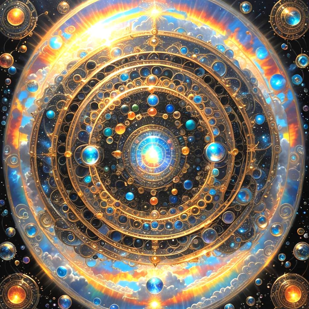 Radiant Figure Lounging on Cloud with Tesseract