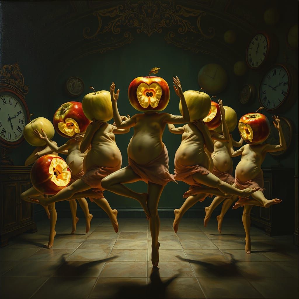 Surreal Dancers With Glowing Apple Heads in Warped Room
