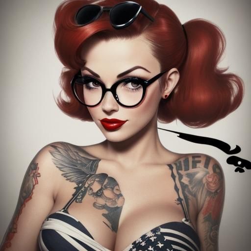 Tattooed Pin-Up Girl with Glasses Illustration