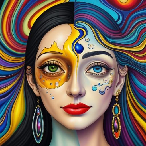 Surreal Happy Woman with Golden Tears