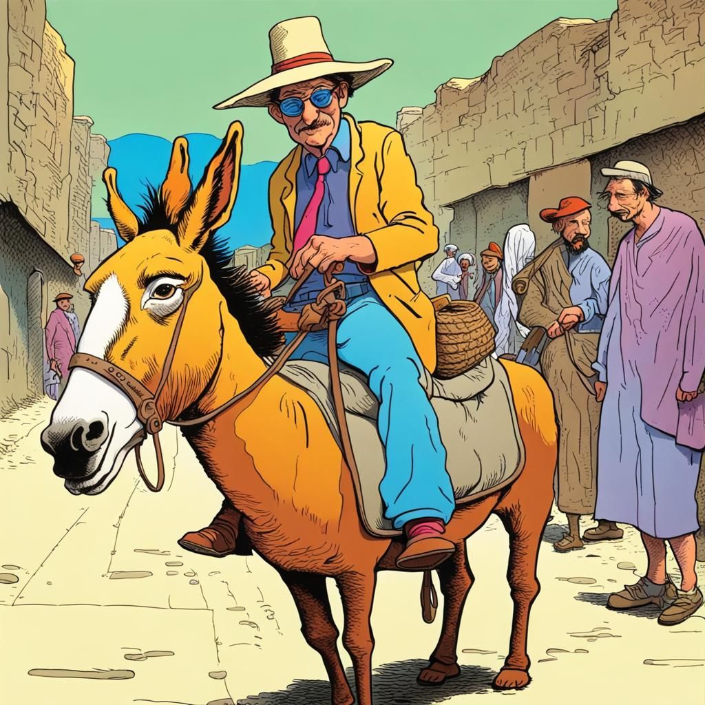 Humorous Rude Man Rides Donkey Cartoon