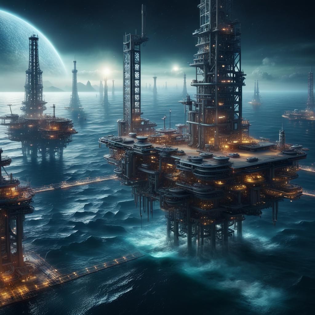 Futuristic Oil Rigs on Alien Ocean: Space View
