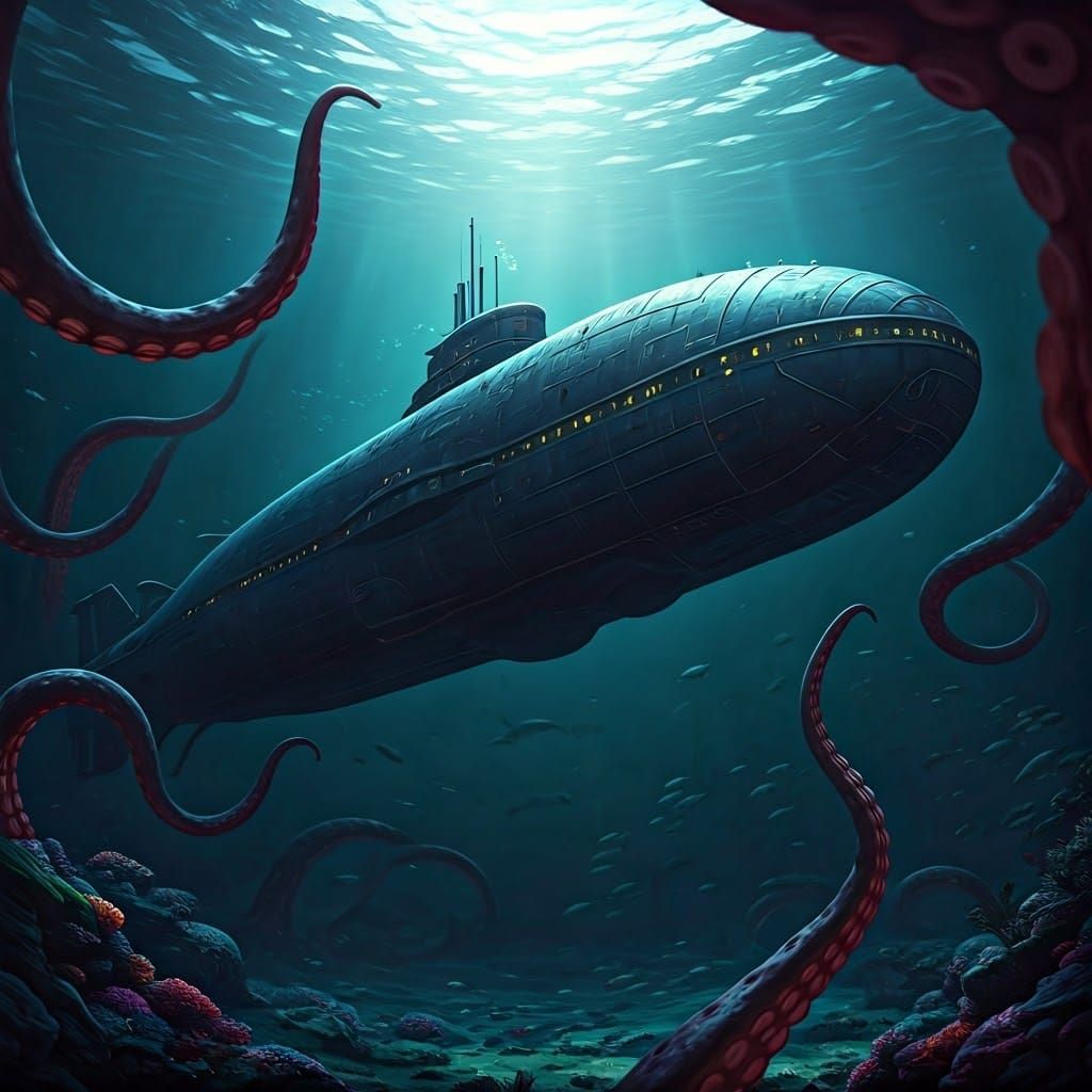 Kraken's Attack on Submarine in the Deep Ocean