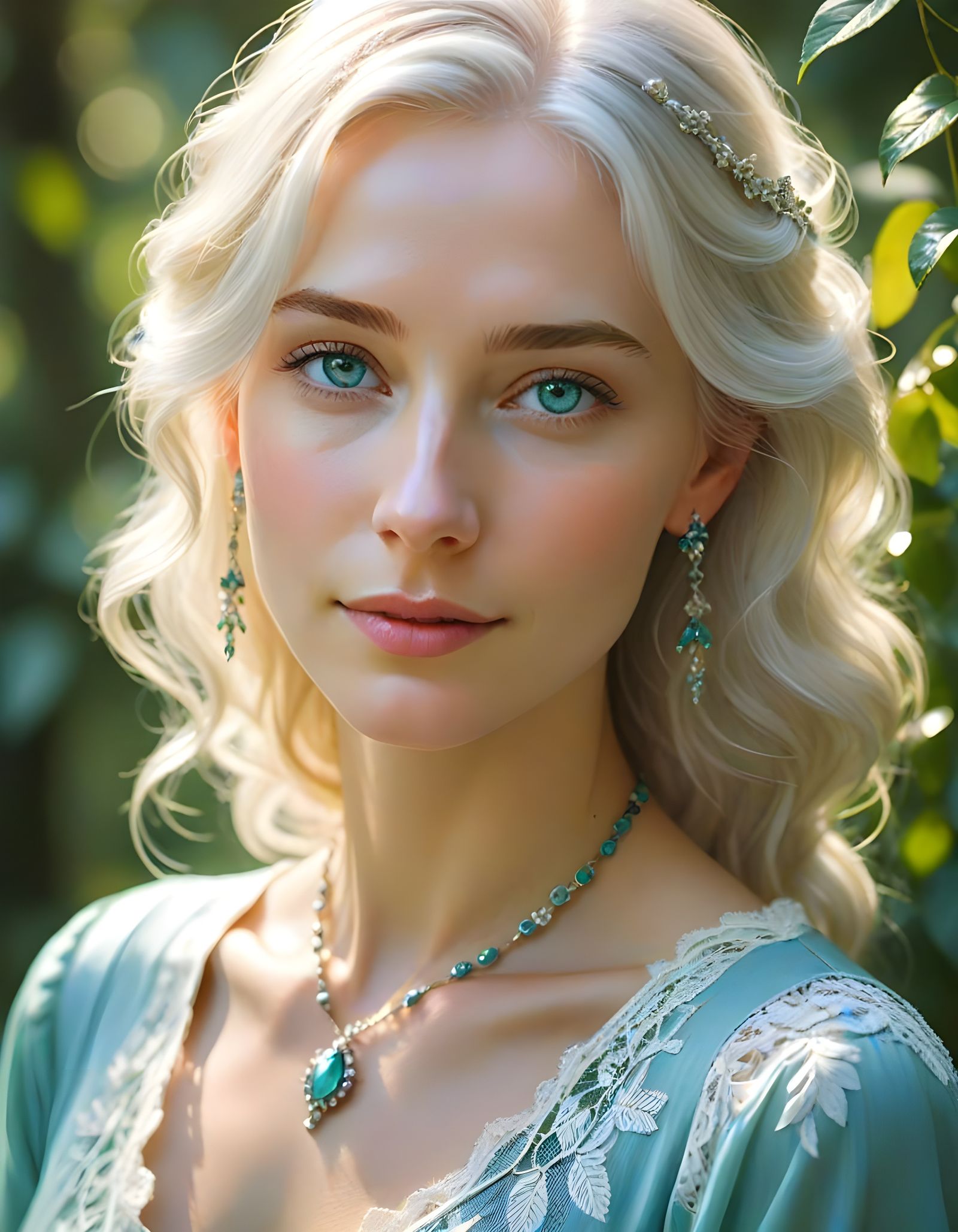 Serene Young Woman with Vibrant Blue Eyes and White Hair in...