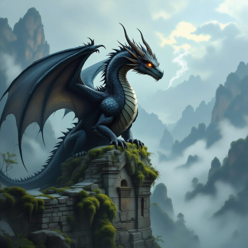 Ancient Obsidian Dragon on Ruin Overlooking Misty Valley