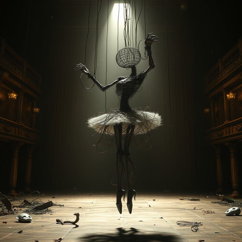 Wire Ballerina Marionette on Decaying Opera Stage